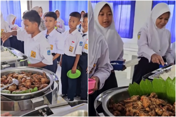 Makan Bergizi Gratis di salah satu sekolah di Majalengka, Jawa Barat disajikan dengan prasmanan.