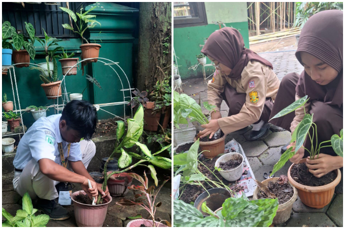 Sejumlah siswa dan siswi SMK Al Ghazali Bogor saat melakukan penanaman 100 bibit tanamah hias