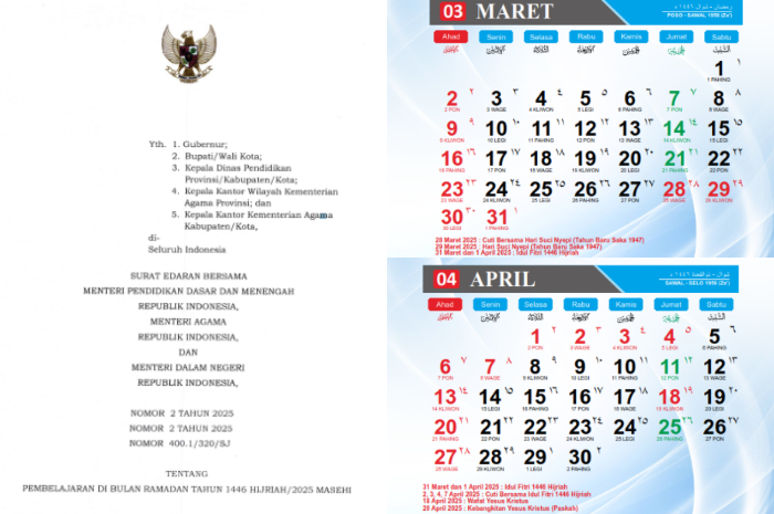 Surat Edaran Bersama 3 Menteri tentang pembelajaran di bulan Ramadhan tahun 1446 Hijriah/2025 Masehi dan kalender Maret serta April 2025.