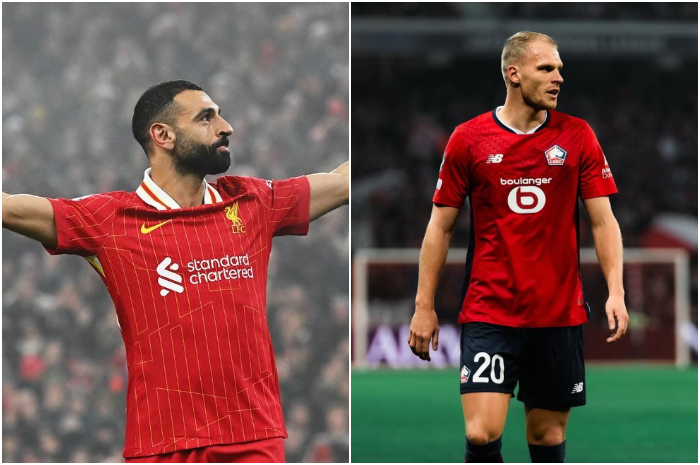 Pemain Liverpool Mohamed Salah dan Pemain LOSC Lille Mitchel Bakker.