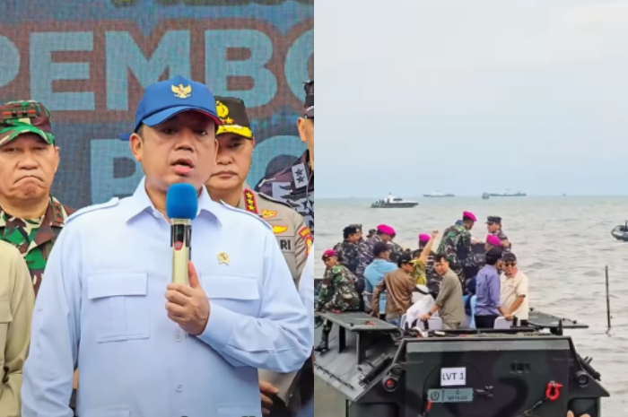 Menteri ATR/Kepala BPN Nusron Wahid saat hadir dalam pembongkaran pagar laut di Kabupaten Tangerang, Banten.