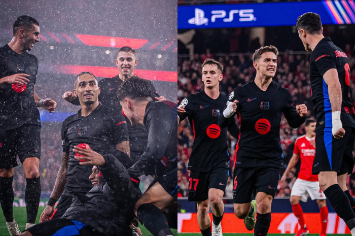 Para pemain Barcelona merayakan kemenangan usai mencetak gol.