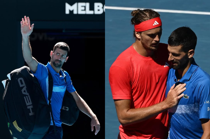 Novak Djokovic&nbsp;terpaksa mundur di tengah laga semifinal Australia Terbuka&nbsp;dengan keunggulan Alexander Zverev.