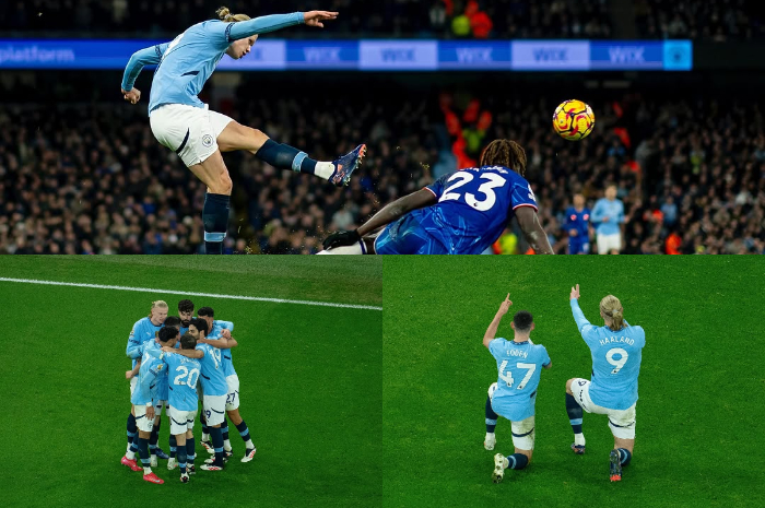 Para pemain Manchester City saat membobol gawang Chelsea.