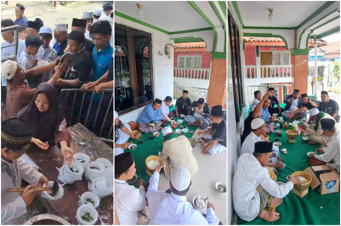 Suasana berbagi makanan dalam Jumat Berkah di Kampung Babakan Nyamplung RW 05, Desa Cinangka, Kecamatan Ciampea, Kabupaten Bogor, Jumat (31/1/2025).