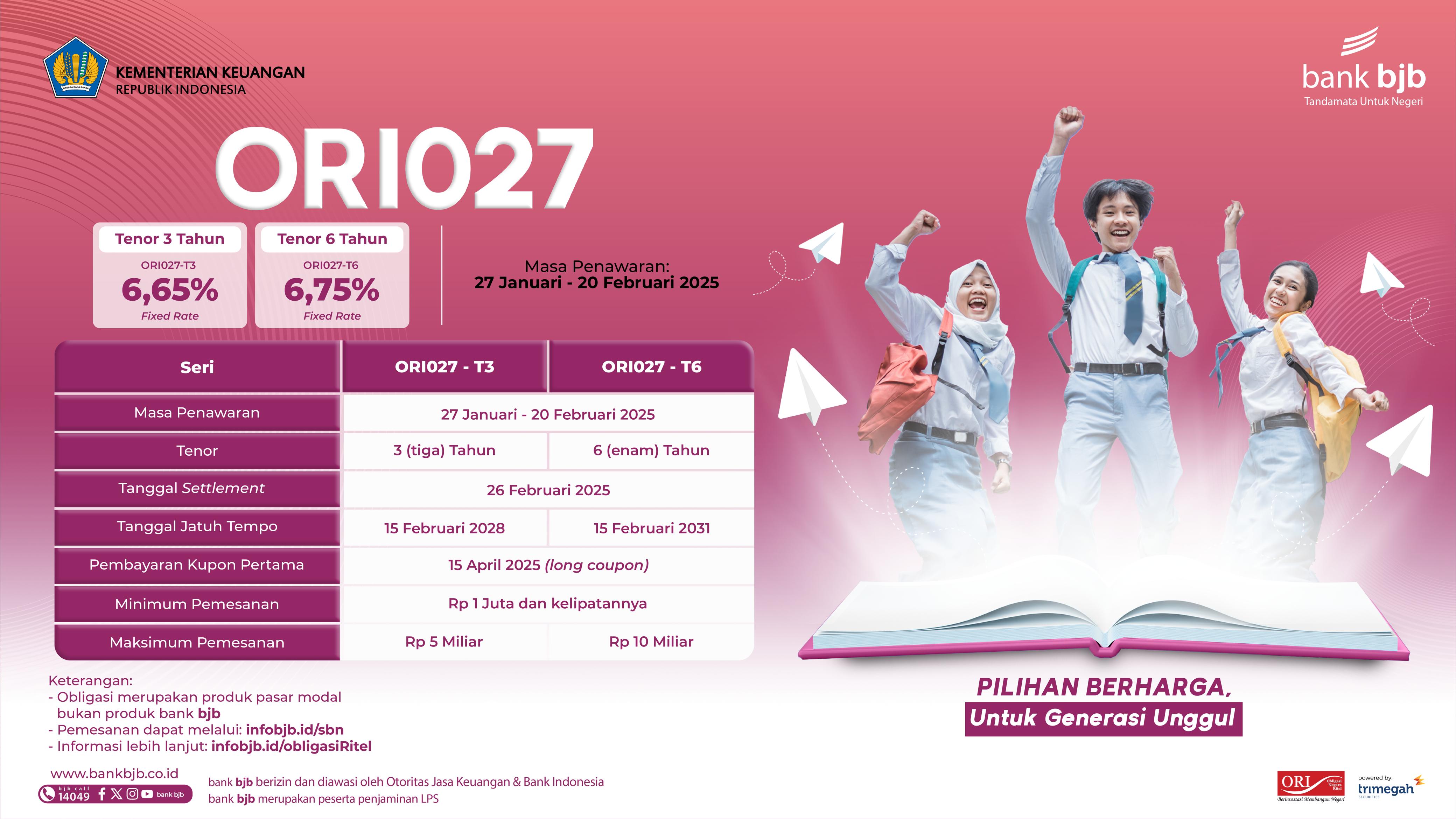 Bank bjb Tawarkan ORI027 Dengan Kupon Hingga 6,75%