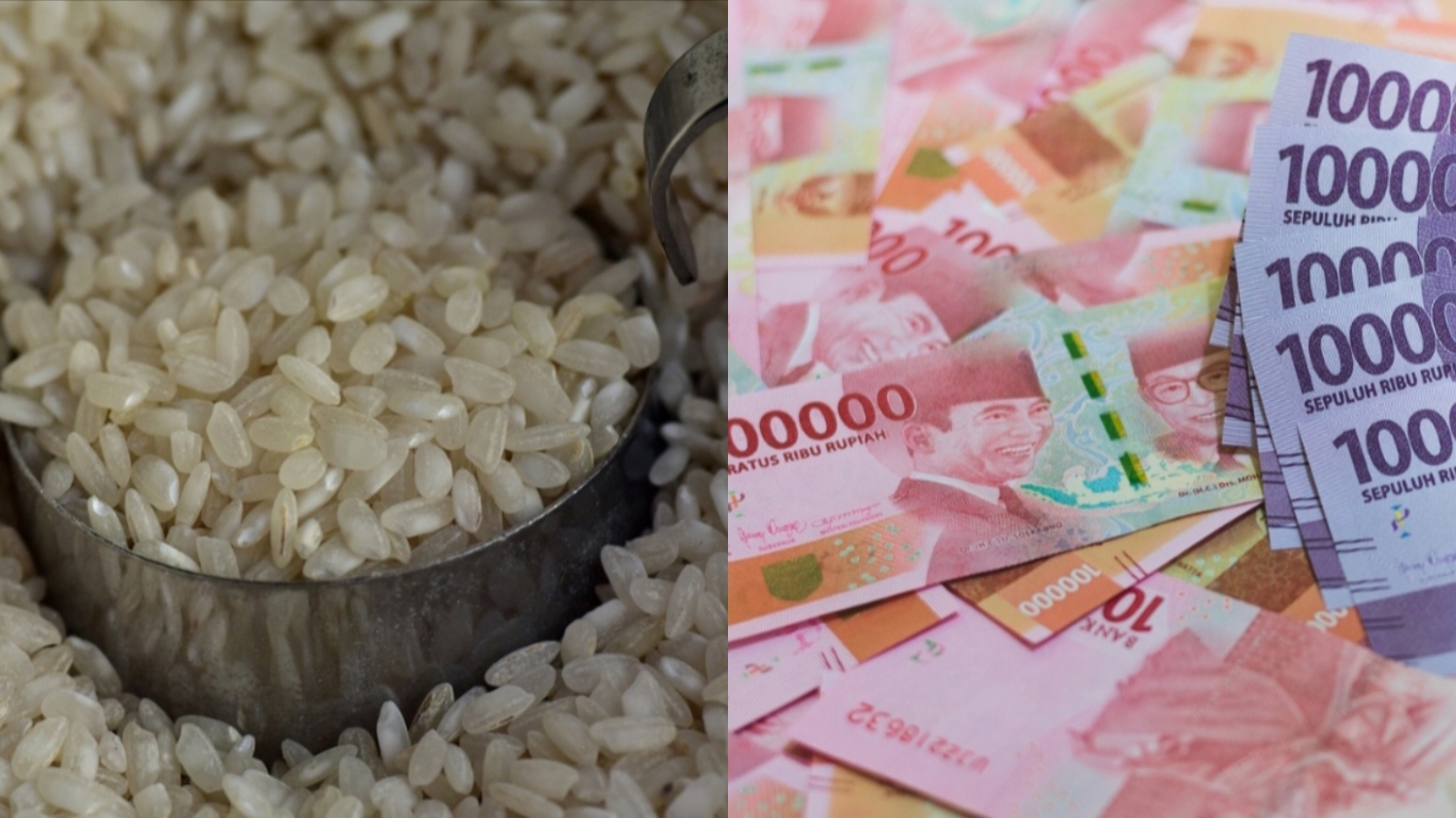 Kolase beras dan uang pencairan bantuan sosial Februari 2025.