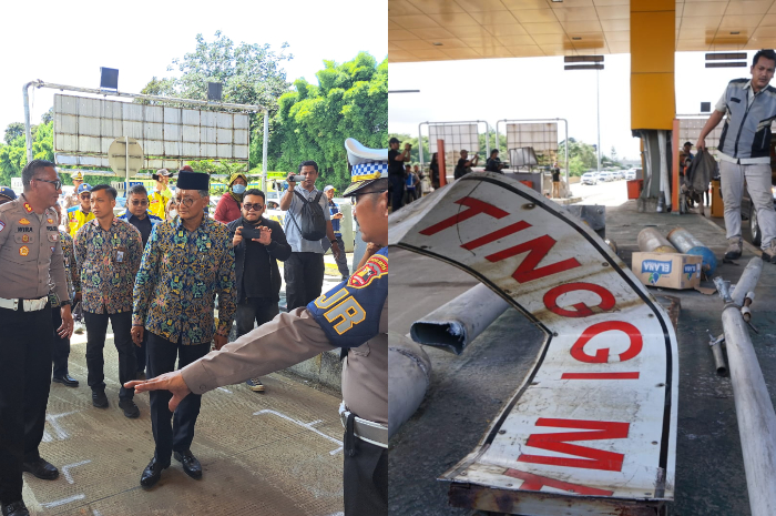 Menteri Pekerjaan Umum Dody Hanggodo (foto kiri) meninjau lokasi kecelakaan truk pengangkut Aqua di Gerbang Tol Ciawi 2.