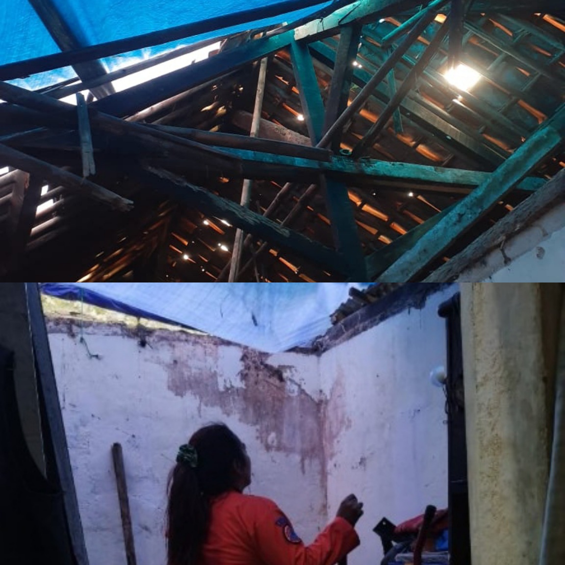 Petugas BPBD Kota Bogor saat melihat atap rumah warga di Kedung Halang yang ambruk.