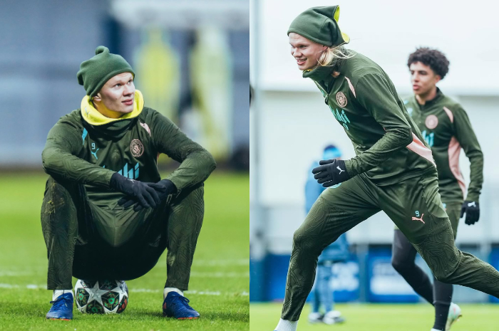 Pemain Manchester City Erling Haaland saat berlatih.