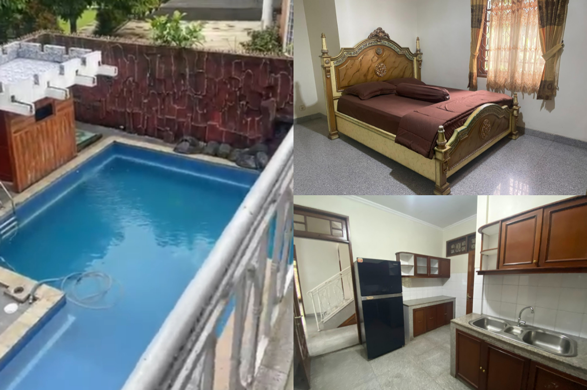 Suasana nyaman di Villa Green Lia, lengkap dengan kolam renang, area bermain, dan ruang entertain untuk liburan seru.