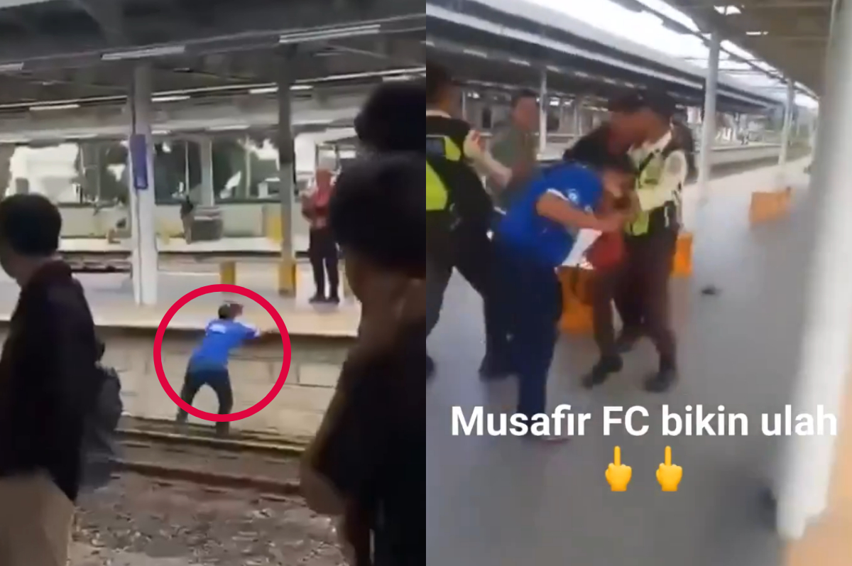 Seorang bapak-bapak mengenakan kaos Persib dikejar sekelompok pemuda di Stasiun, diduga hendak di keroyok.
