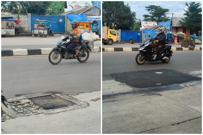 Kondisi Jalan Raya Kemang - Parung Bogor sebelum dan sesudah ditambal.