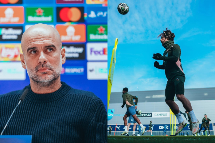 Para pemain Manchester City saat berlatih sebelum berlaga.