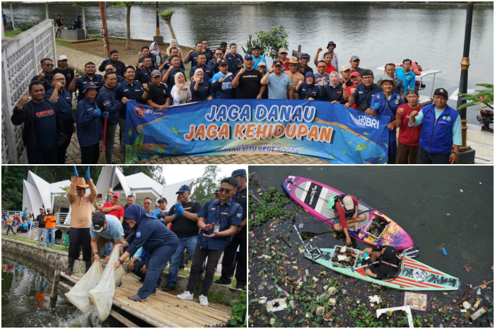 BRI bersama Kelurahan Situ Gede Kecamatan Bogor Barat Kota Bogor membersihkan sampah di kawasan Situ Gede, Jumat (21/2/2025).