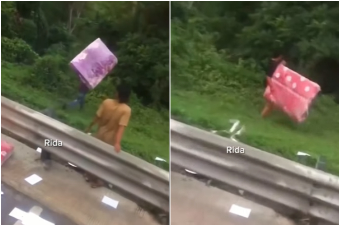 Warga menjarah kasus saat truk muatan kertas dan kasur lantai kecelakaan di Tol Cipularang KM 90 arah Jakarta, Jumat (21/2/2025).