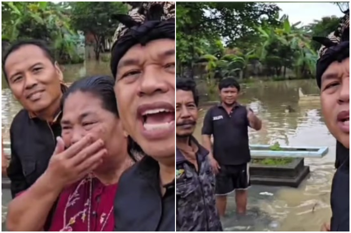 Gubernur Jabar Dedi Mulyadi bersama warga Desa Karangligar, Karawang yang kebanjiran.