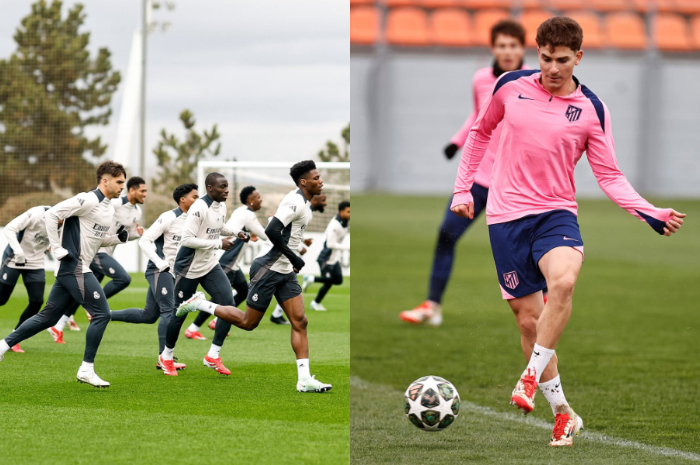 Para pemain Real Madrid dan Atletico Madrid saat berlatih sebelum laga Liga Champions.