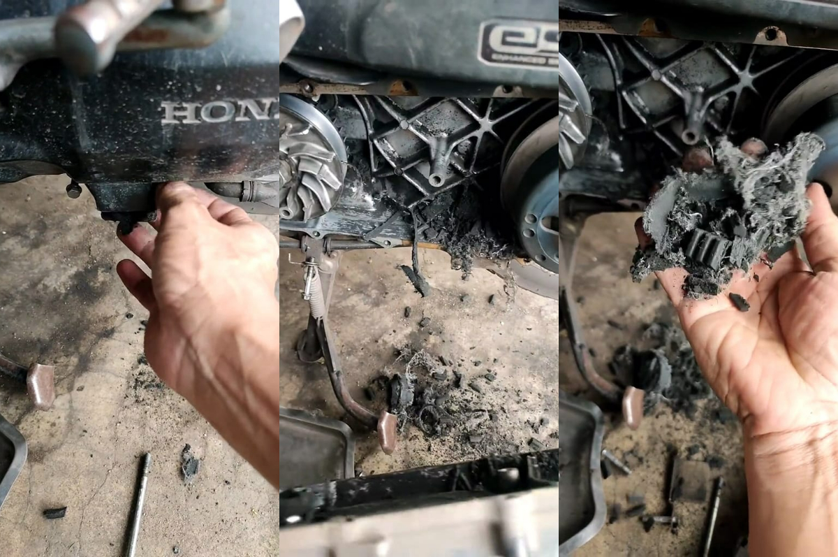 Kondisi motor matic saat dibongkar V-belt dalam kondisi hancur berserabut.