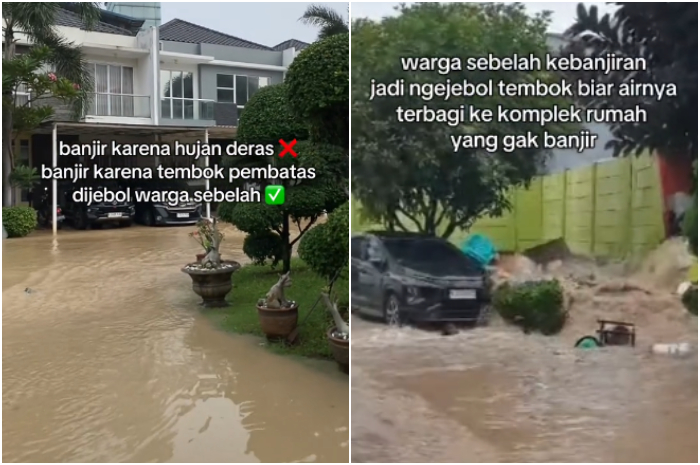 Warga jebol tembok saat terjadi banjir di Bekasi dan meluas ke komplek perumahan.
