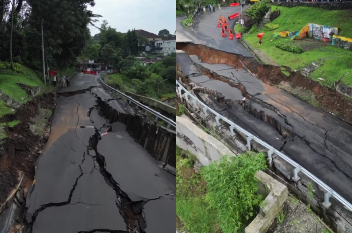 Jalan Batutulis Kota Bogor yang terputus karena longsor.