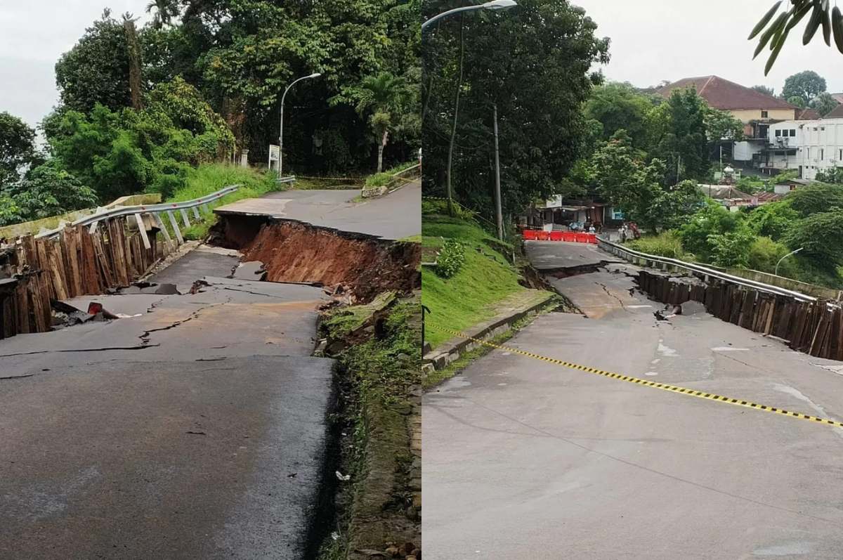 Jalan Batutulis Bogor rusak karena longsor.