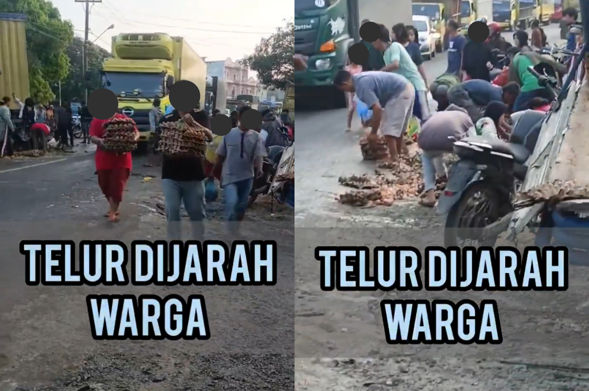 Telur muatan pikap yang mengalami kecelakaan di Sumut dijarah warga.