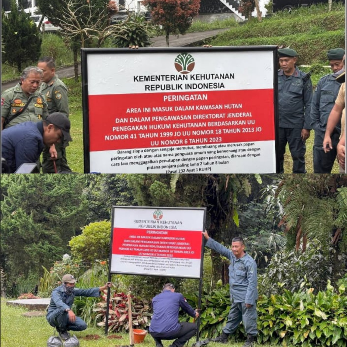 Pemasangan plang tempat diduga melanggar di Kawasan Puncak Bogor oleh Kementerian Kehutanan.