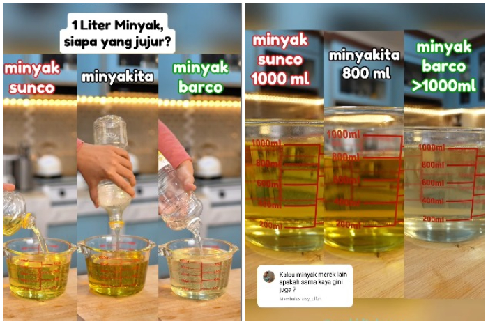 Tangkapan layar video perbandingan tiga merek minyak goreng 1 liter. Hasilnya cuman Minyakita yang tak sesuai.
