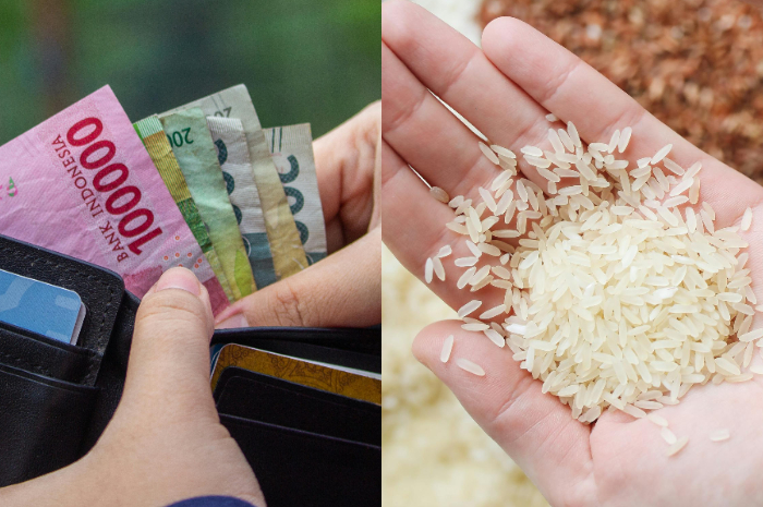 Ilustrasi zakat fitrah berupa uang dan beras