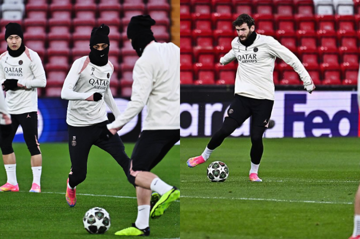 Para pemain Paris Saint Germain sedang latihan sebelum lawan Liverpool.