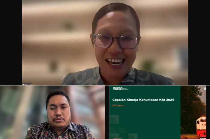 VP Public Relation PT KAI Anne Purba (atas), GM Sales and Marketing Promedia Bimo Aditya (kiri bawah) dalam forum Jaringan Pemred Promedia (JPP) via daring, pada Selasa, 11 Maret 2025.