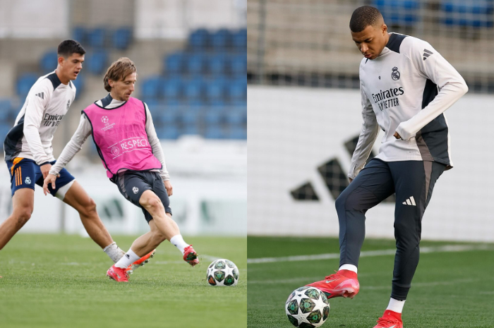 Para pemain Real Madrid sedang latihan sebelum berlaga.