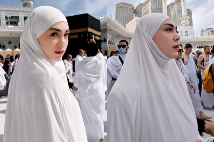 Celine Evangelista saat melaksanakan&nbsp;ibadah umroh.