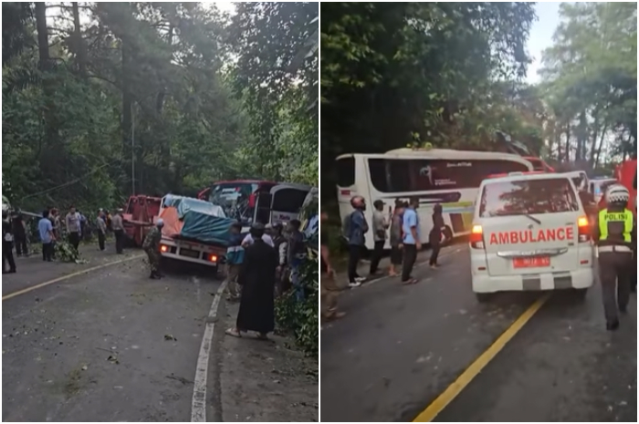 Kecelakaan terjadi di Jalan Raya Cipanas, Kabupaten Cianjur, Jawa Barat arah Puncak, Sabtu (15/3/2025) pagi.
