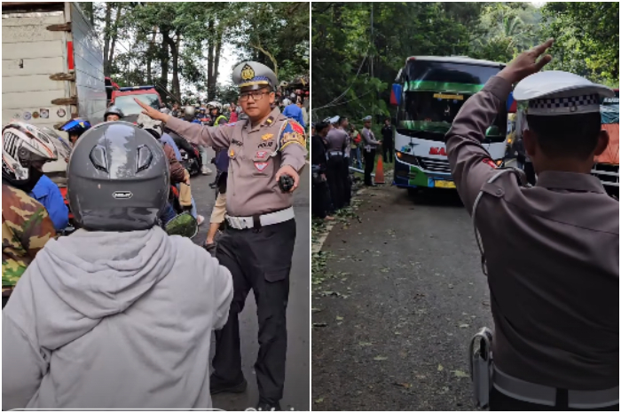 Petugas Satlantas Polres Cianjur mengatur arus lalu lintas di lokasi kecelakaan beruntun Jalan Raya Cipanas, Desa Cibeureum, Kecamatan Cugenang, Jawa Barat Sabtu (15/3/2025) pagi.