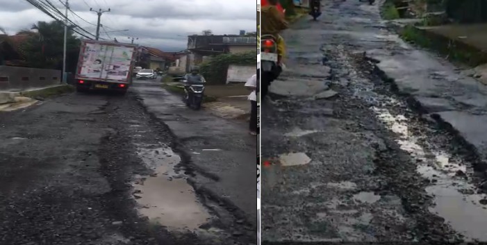 Kondisi Jalan Abdul Fatah Ciampea Bogor yang penuh lubang dan membahayakan