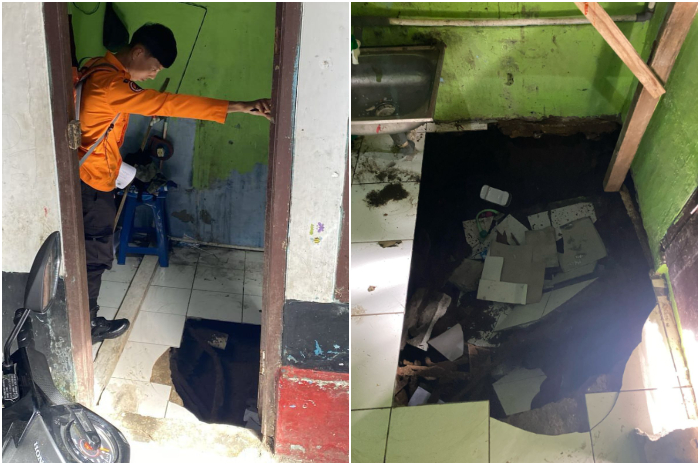 Lantai dapur rumah warga Kampung Situ, Desa Sukaresmi, Kecamatan Megamendung, Kabupaten Bogor amblas.