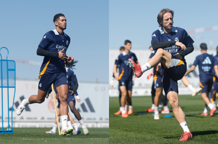 Para pemain Real Madrid saat berlatih sebelum berlaga.
