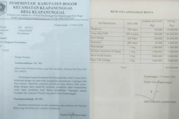 Viral di sosial media, surat THR dari Desa Klapanunggal, Kabupaten Bogor untuk pimpinan perusahaan di wilayahnya.