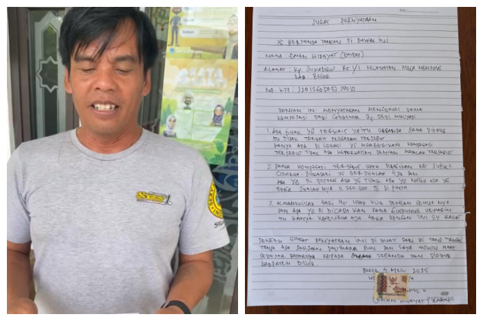 Sopir atas nama Eman Hidayat atau dipanggil Emen membuat surat pernyataan terkait pemotongan uang kompensasi dari Gubernur Jawa Barat Dedi Mulyadi.