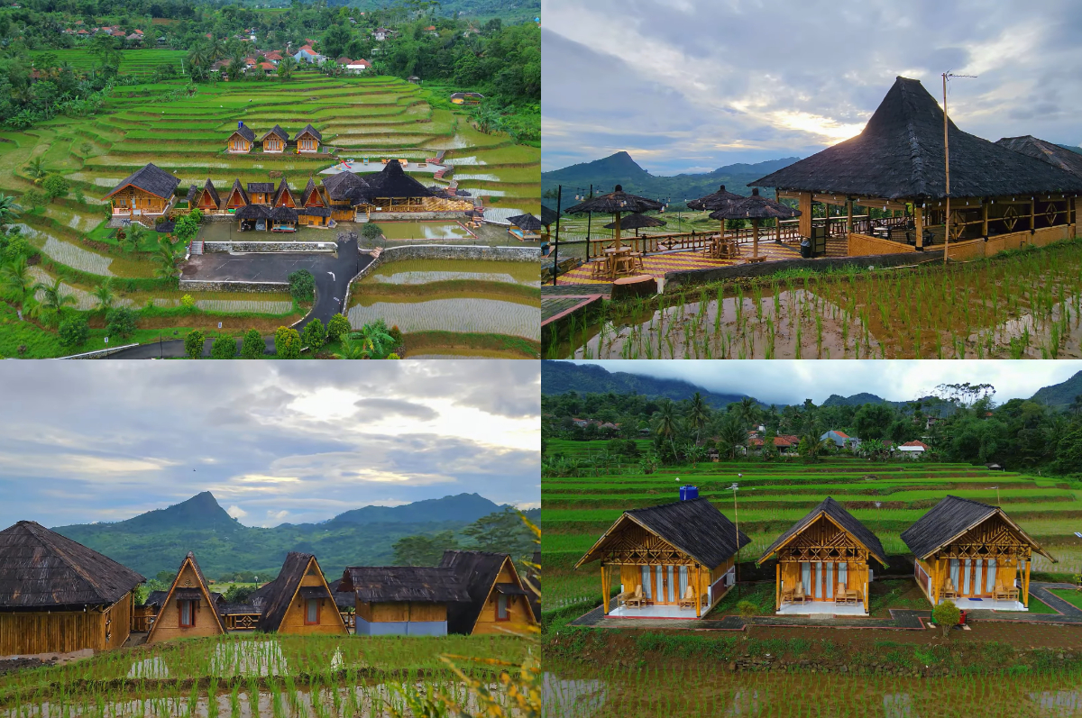 Villa di tengah sawah dengan view gunung di Saung Budymas, Bogor.