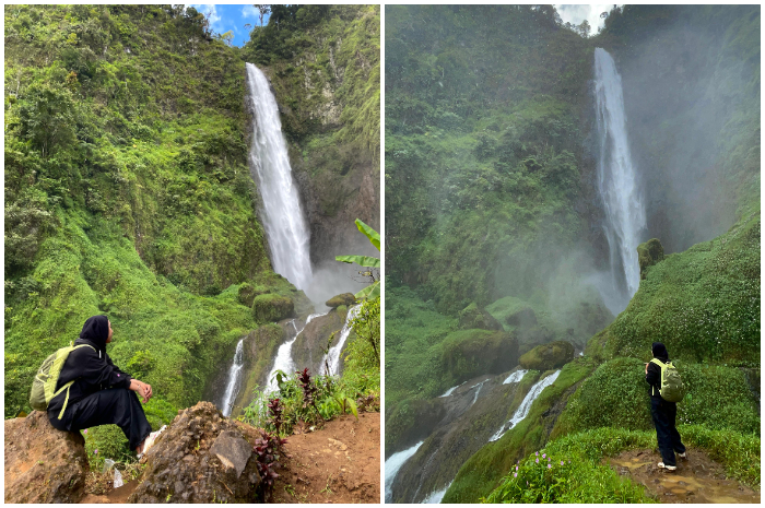 Suasana air terjun Curug Citambur di Desa Karangjaya, Kecamatan Pasirkuda, Kabupaten Cianjur, Jawa Barat.