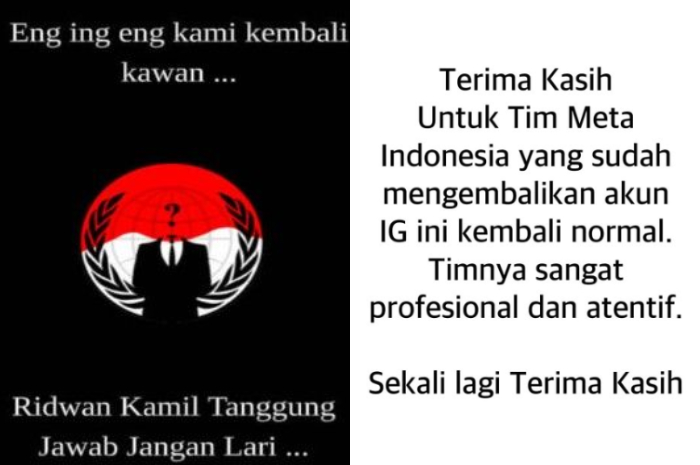 Akun Instagram Ridwan Kamil kembali normal setelah sebelumnya diretas.