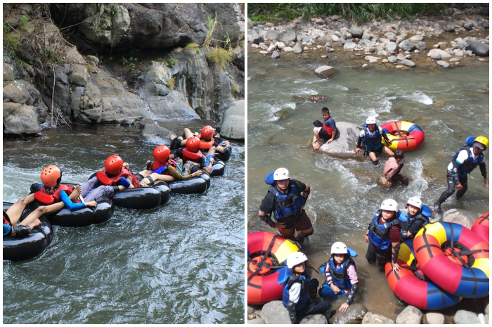 Pengunjung tengah seru-seruan di River Tubing Jalan Curug Biawak, Sumur Batu, Kecamatan Babakan Madang, Kabupaten Bogor.