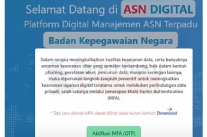 Tampilan pemberitahuan untuk mengaktifkan fitur MFA ASN