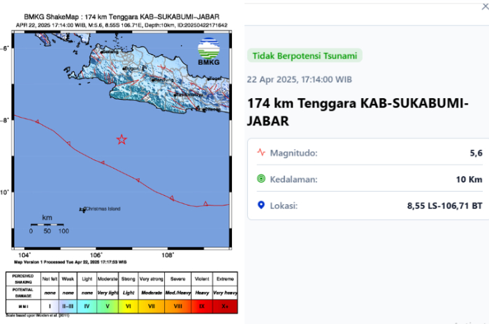 Gempa M 5,6 menguncang Sukabumi, Jawa Barat, Selasa (22/4/2025) sore.