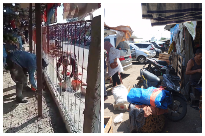 Pekerja sadang merapihkan awning untuk para pedagang di Pasar Citeureup, Kabupaten Bogor.