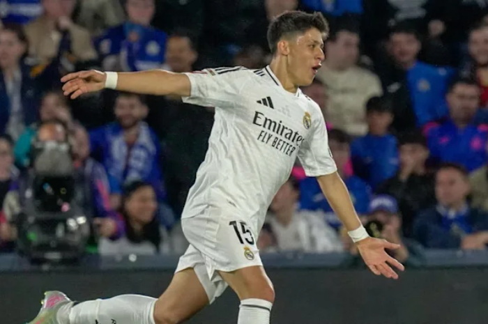 Selebrasi Arda Guler, pemain muda Real Madrid yang mencetak gol tunggal di menit 21 ke gawang Getafe.