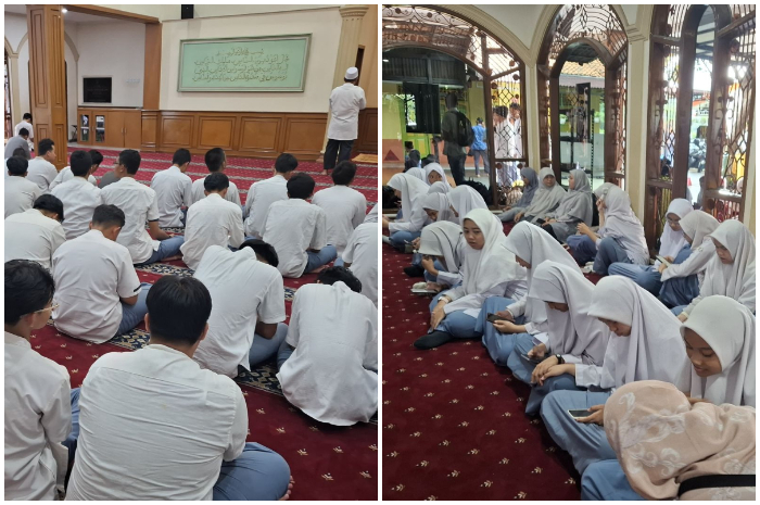 Siswa SMA IT Ummul Quro Bogor yang tengah melakukan sholat jenazah, untuk kepulangan Thalita